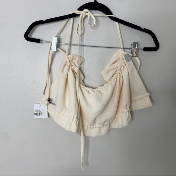 Resortwear Off-White Cream Off the Cold Shoulder Ruffle Halter Crop Top Large - Picture 7 of 7